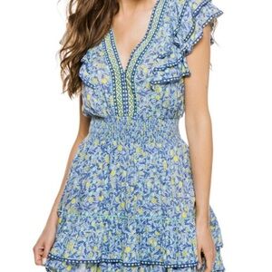 Poupette St Barth WHITE BLUE NATURE TULIPE Women's Camila Short Mini Dress, US M